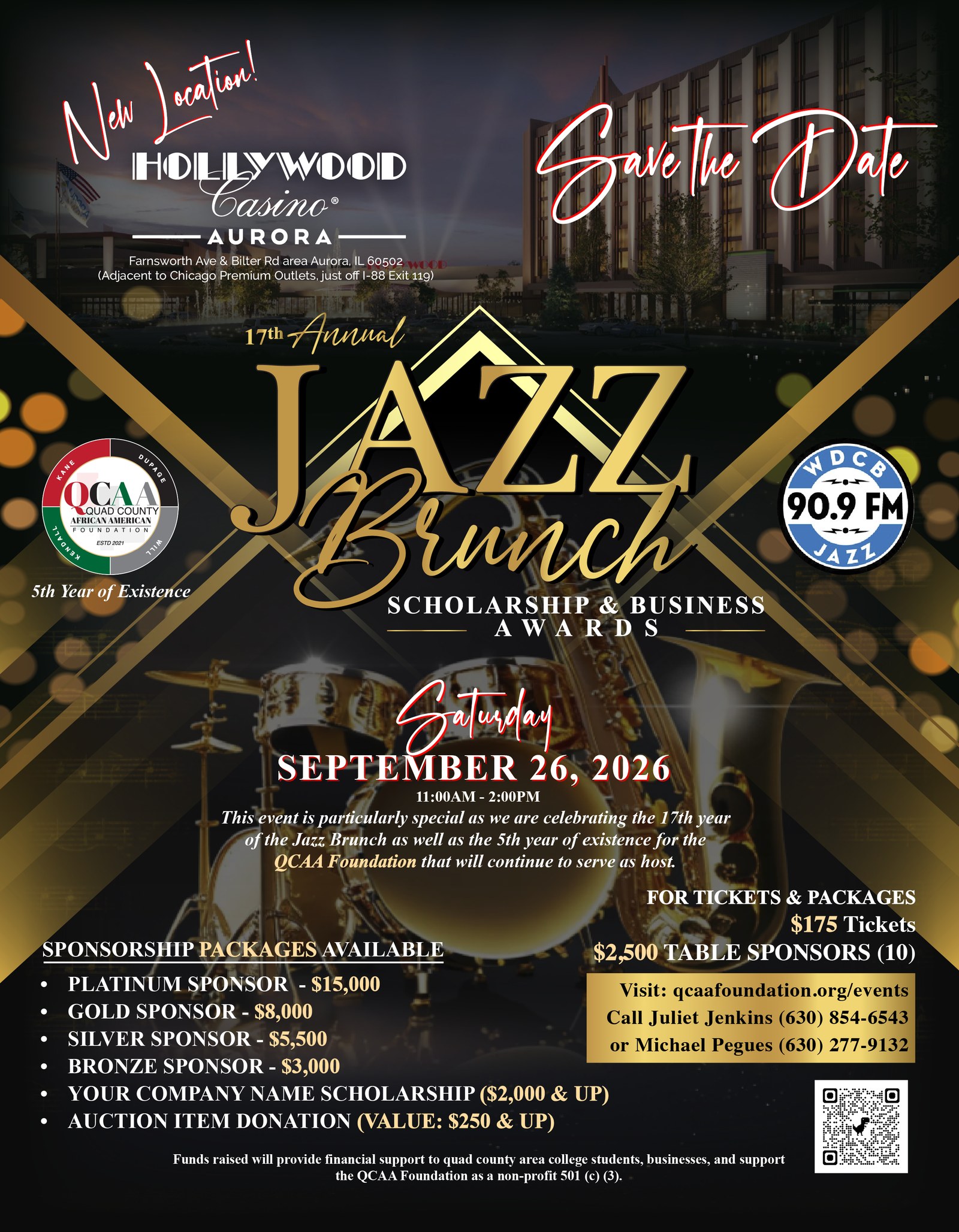 17th Annual Jazz Brunch Scholarship and Business Awards flyer, Saturday September 26, 2026, 11:00 AM to 2:00 PM at Hollywood Casino Aurora